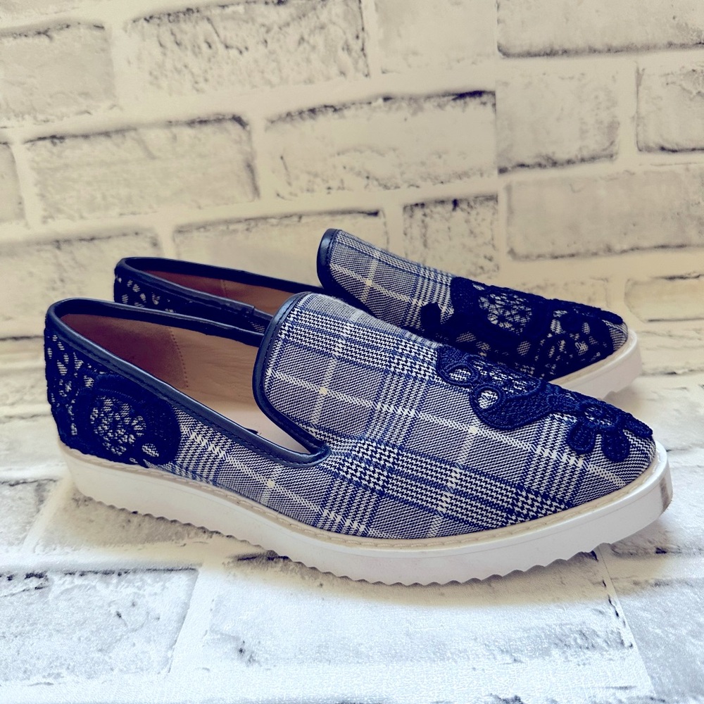 Karl Lagerfeld Blue and White Moccasins with Lace Overlay